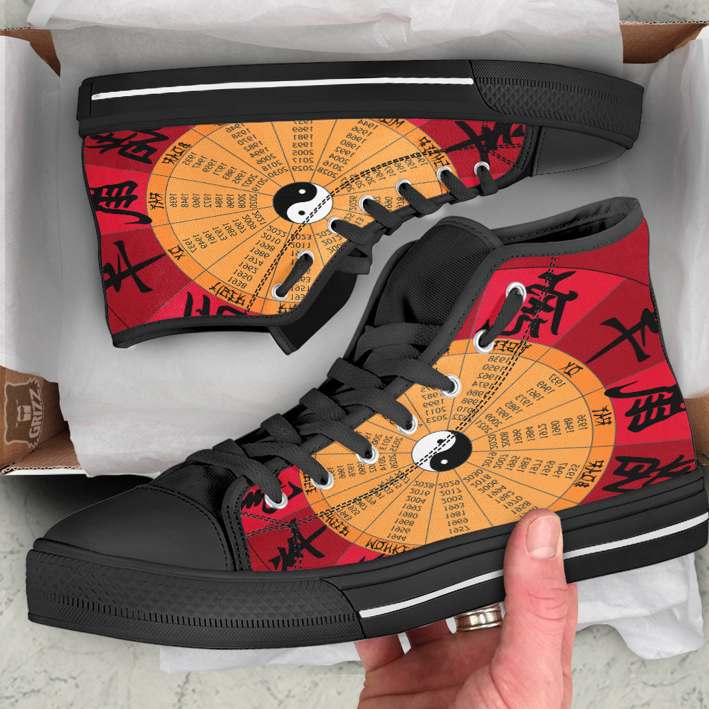 Calendar Wheel Chinese Zodiac Print Black High Top Shoes-grizzshop