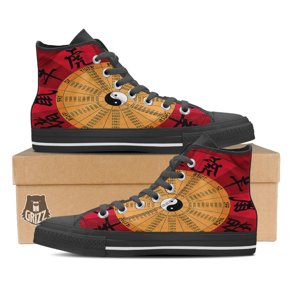 Calendar Wheel Chinese Zodiac Print Black High Top Shoes-grizzshop