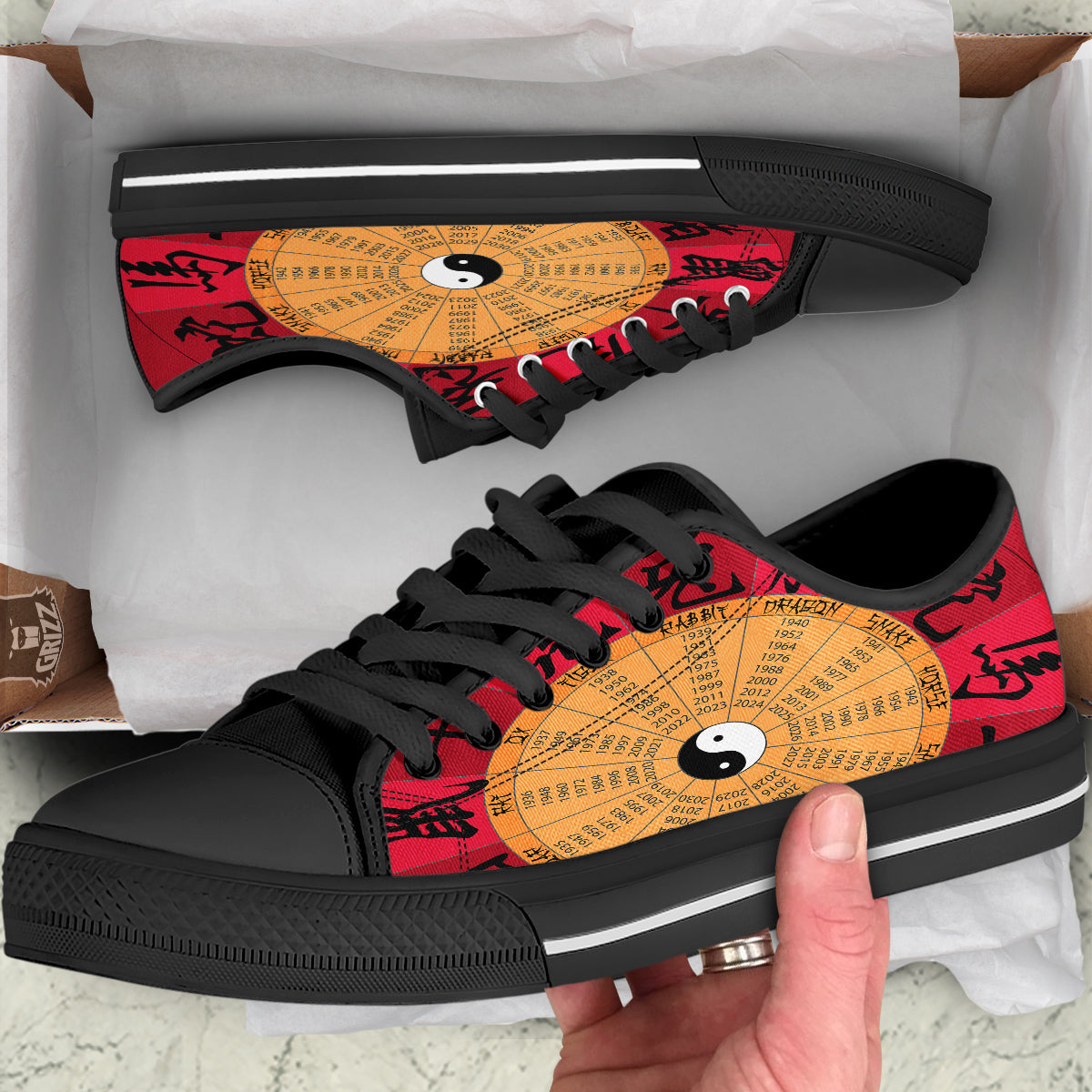 Calendar Wheel Chinese Zodiac Print Black Low Top Shoes-grizzshop