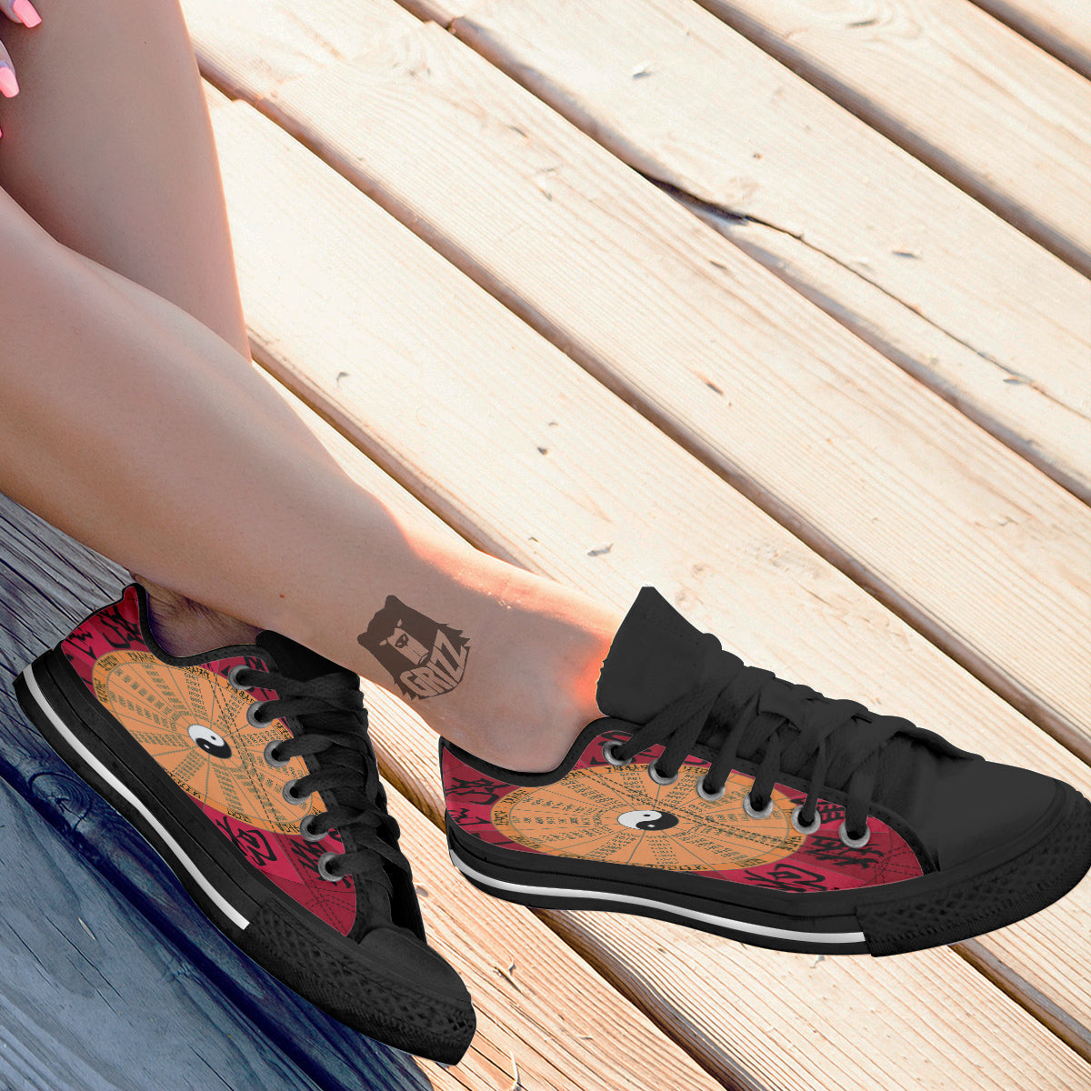Calendar Wheel Chinese Zodiac Print Black Low Top Shoes-grizzshop