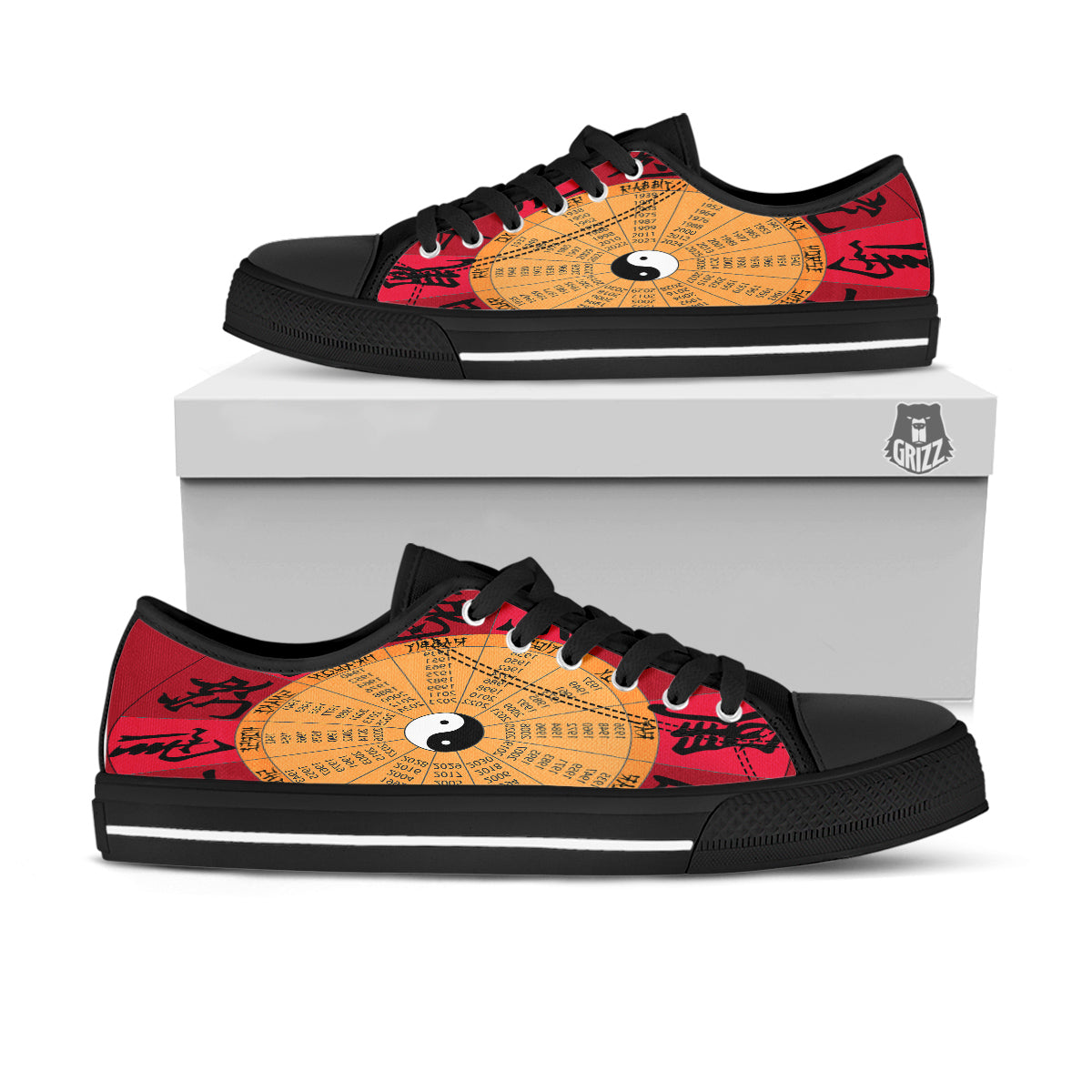 Calendar Wheel Chinese Zodiac Print Black Low Top Shoes-grizzshop