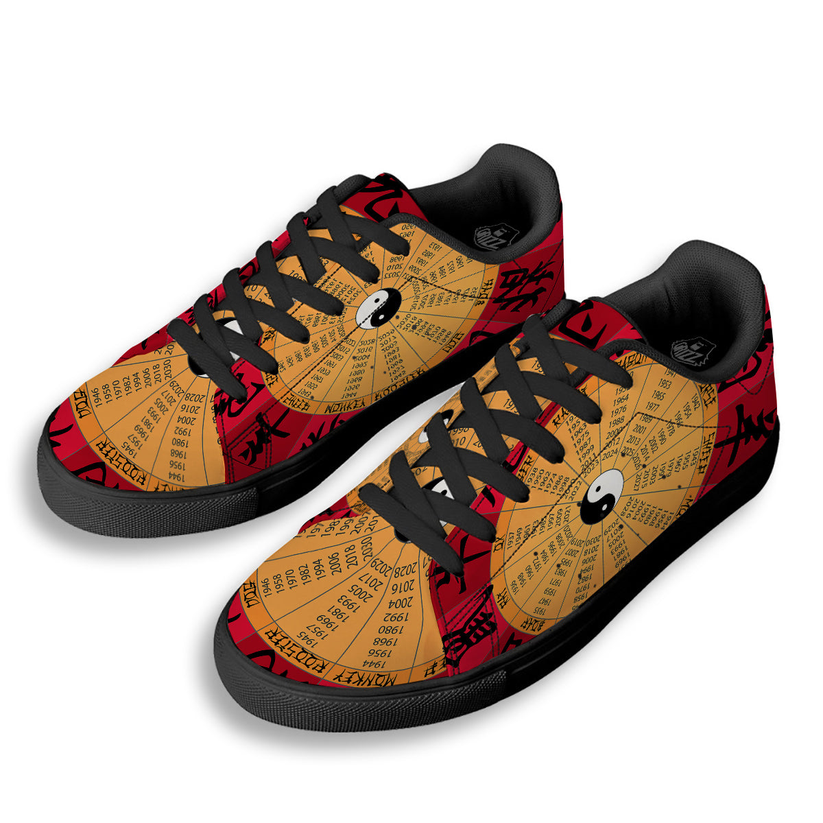 Calendar Wheel Chinese Zodiac Print Black Low Top Sneakers-grizzshop
