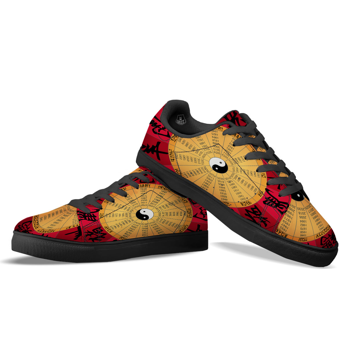Calendar Wheel Chinese Zodiac Print Black Low Top Sneakers-grizzshop
