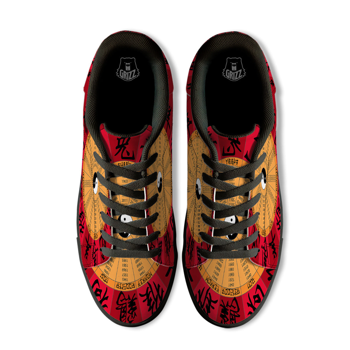 Calendar Wheel Chinese Zodiac Print Black Low Top Sneakers-grizzshop