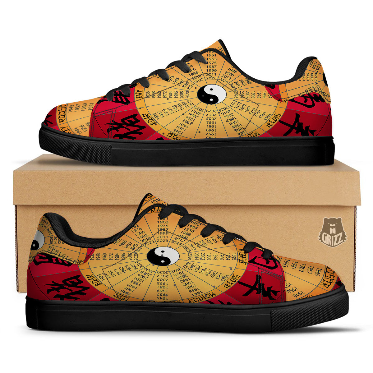 Calendar Wheel Chinese Zodiac Print Black Low Top Sneakers-grizzshop