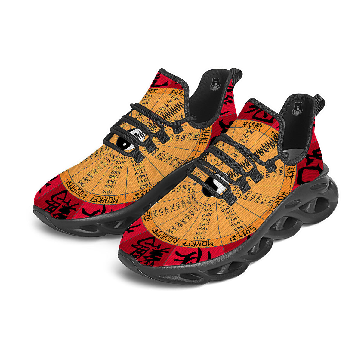 Calendar Wheel Chinese Zodiac Print Black Running Shoes-grizzshop