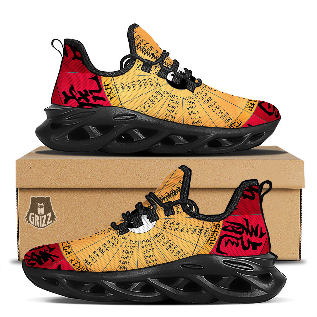Calendar Wheel Chinese Zodiac Print Black Running Shoes-grizzshop