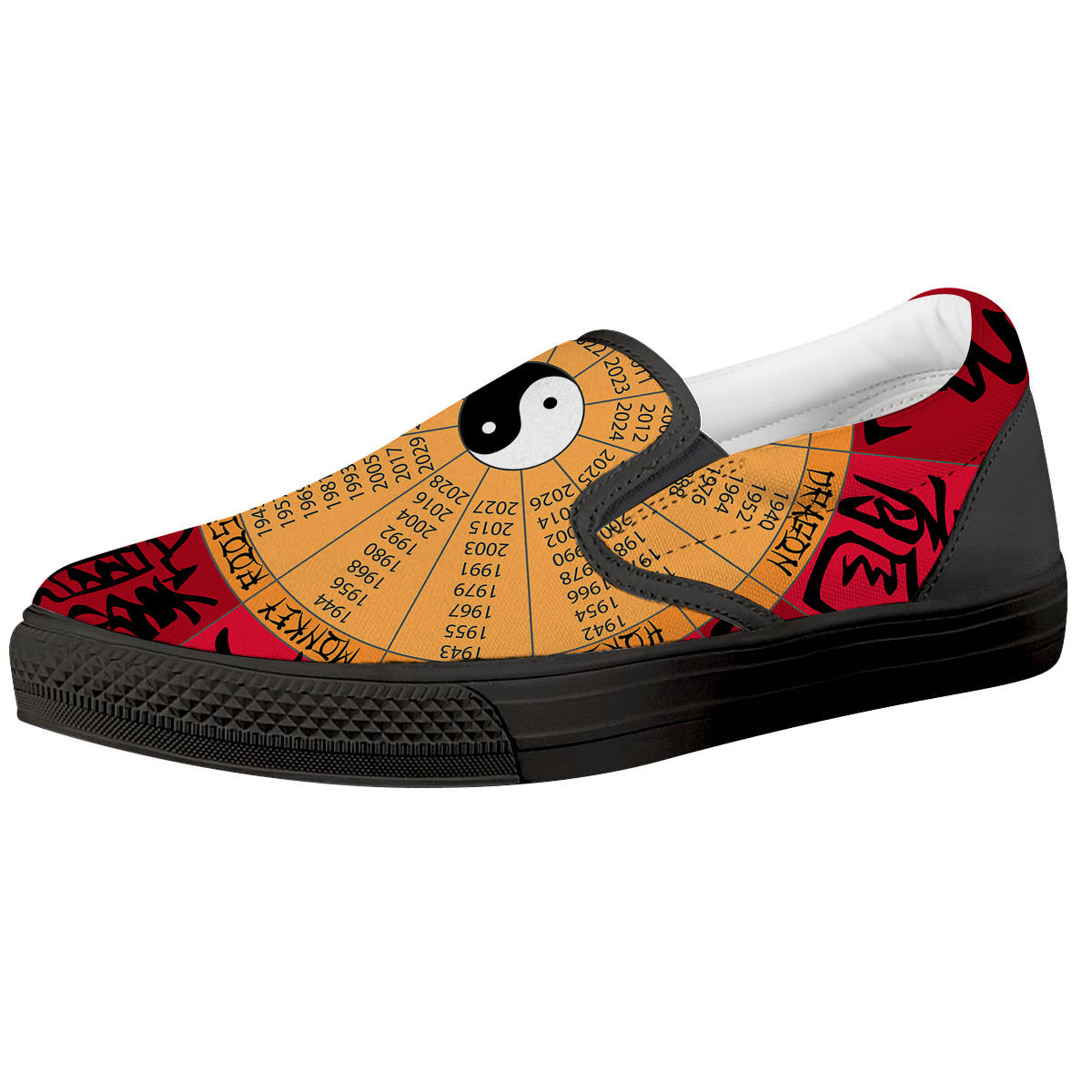Calendar Wheel Chinese Zodiac Print Black Slip On Shoes-grizzshop