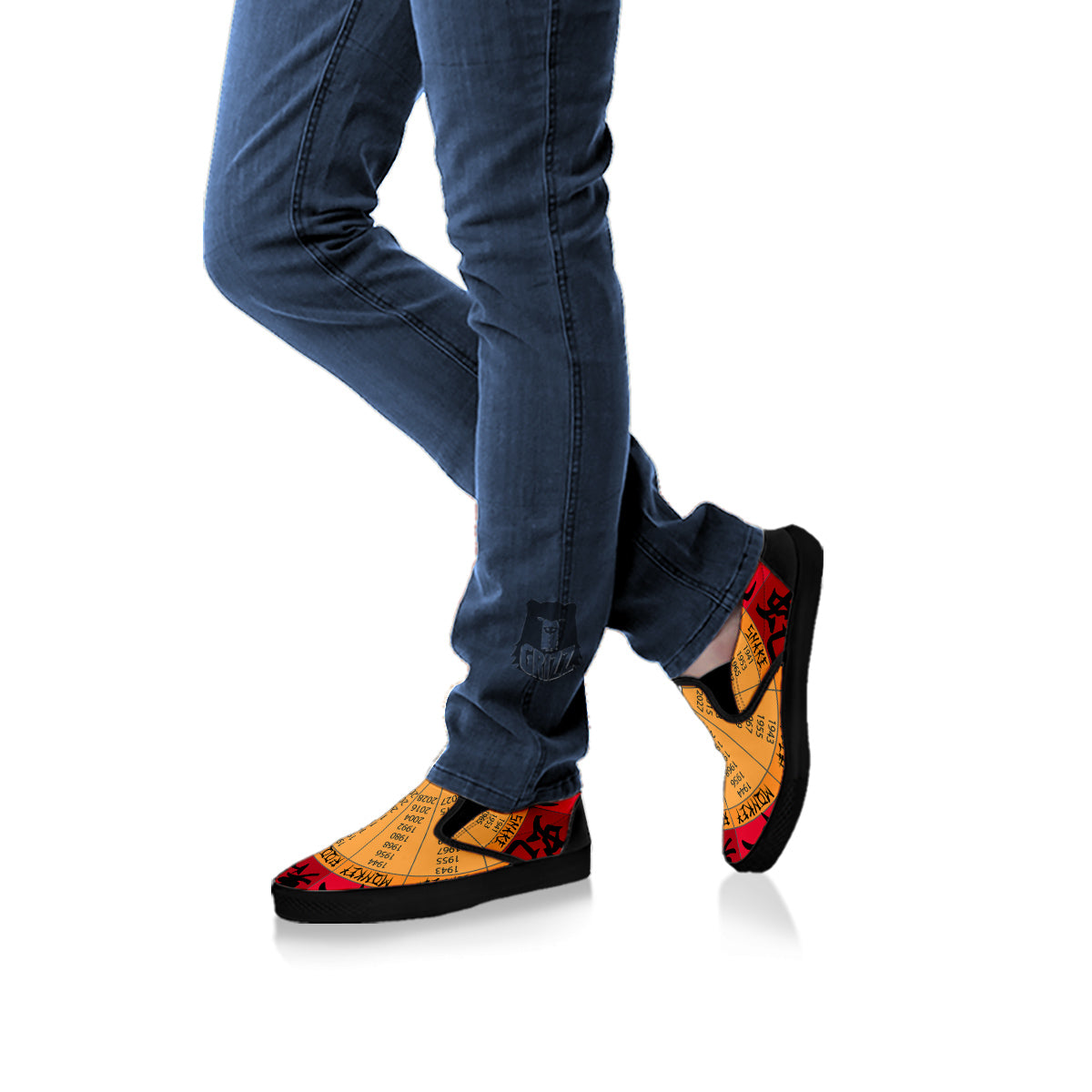 Calendar Wheel Chinese Zodiac Print Black Slip On Shoes-grizzshop