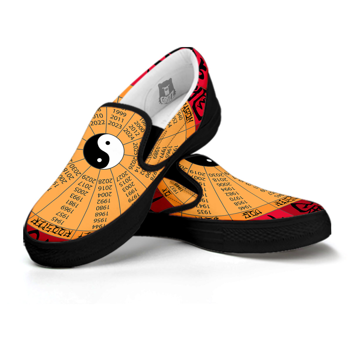 Calendar Wheel Chinese Zodiac Print Black Slip On Shoes-grizzshop