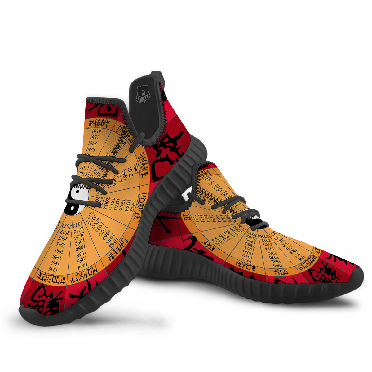 Calendar Wheel Chinese Zodiac Print Black Walking Shoes-grizzshop