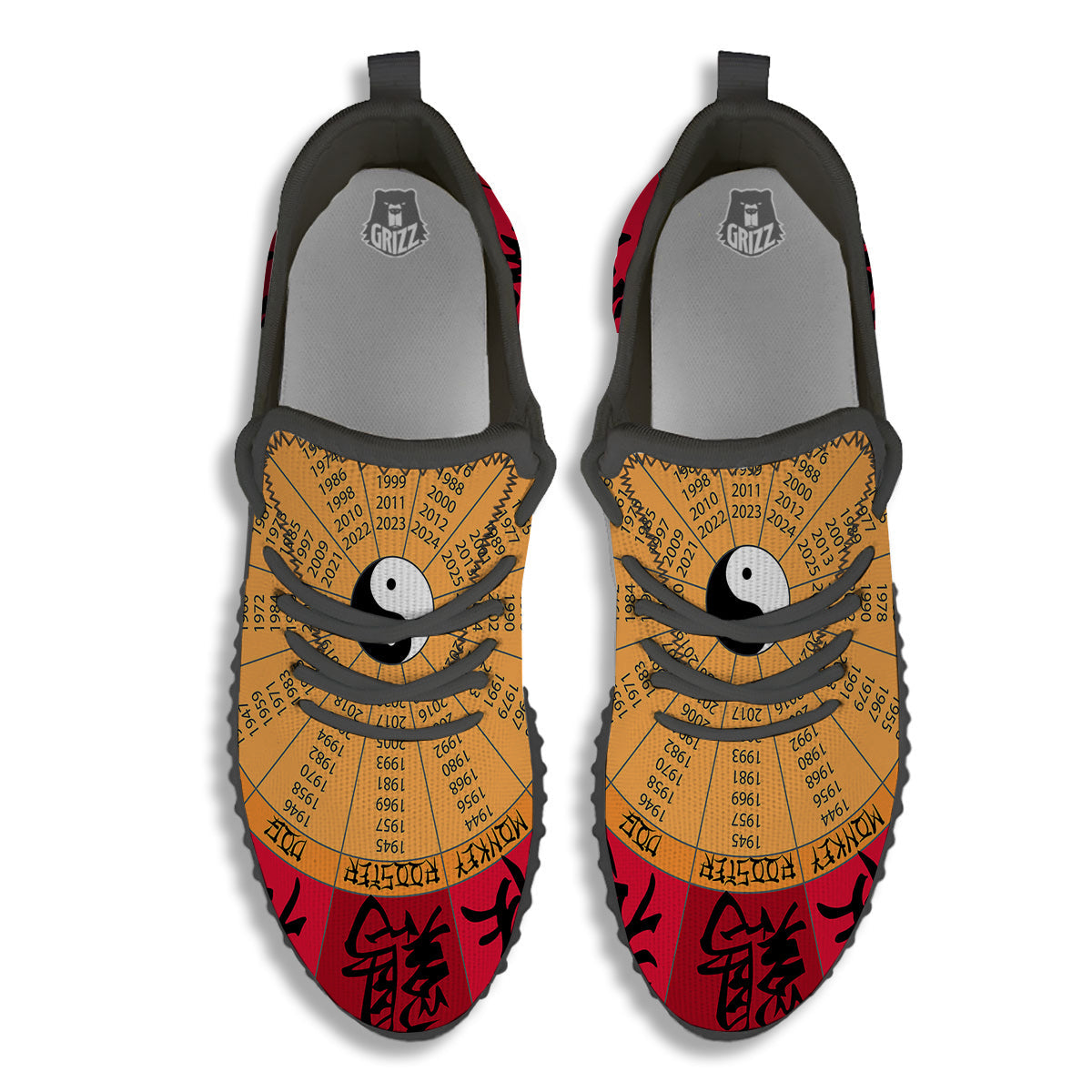 Calendar Wheel Chinese Zodiac Print Black Walking Shoes-grizzshop