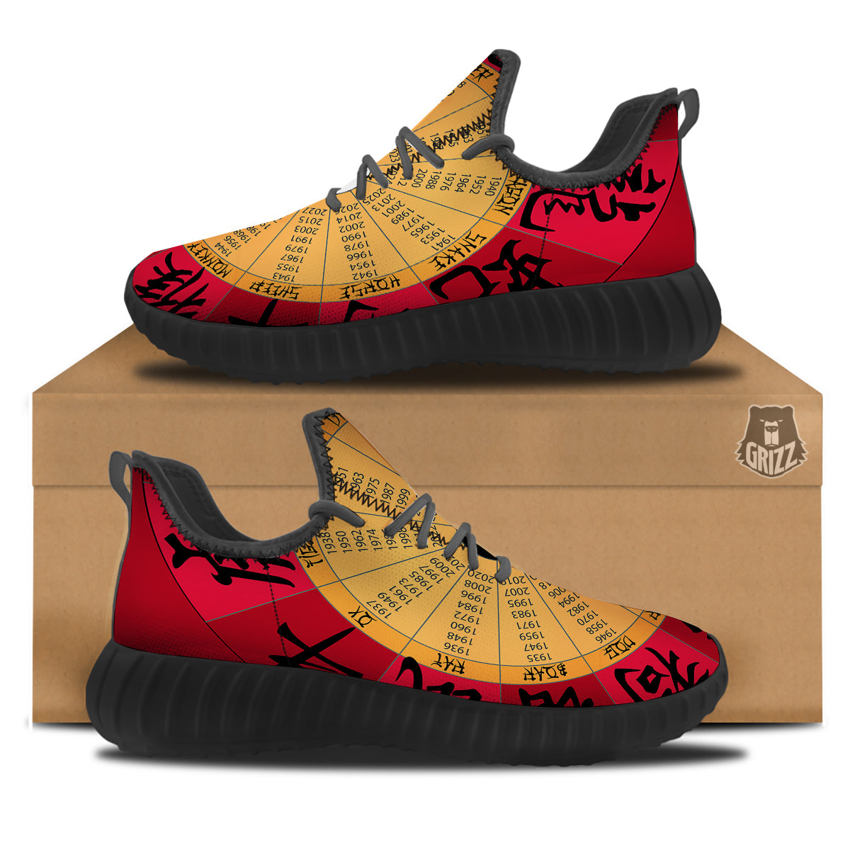 Calendar Wheel Chinese Zodiac Print Black Walking Shoes-grizzshop