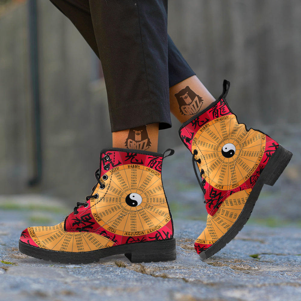 Calendar Wheel Chinese Zodiac Print Leather Boots-grizzshop
