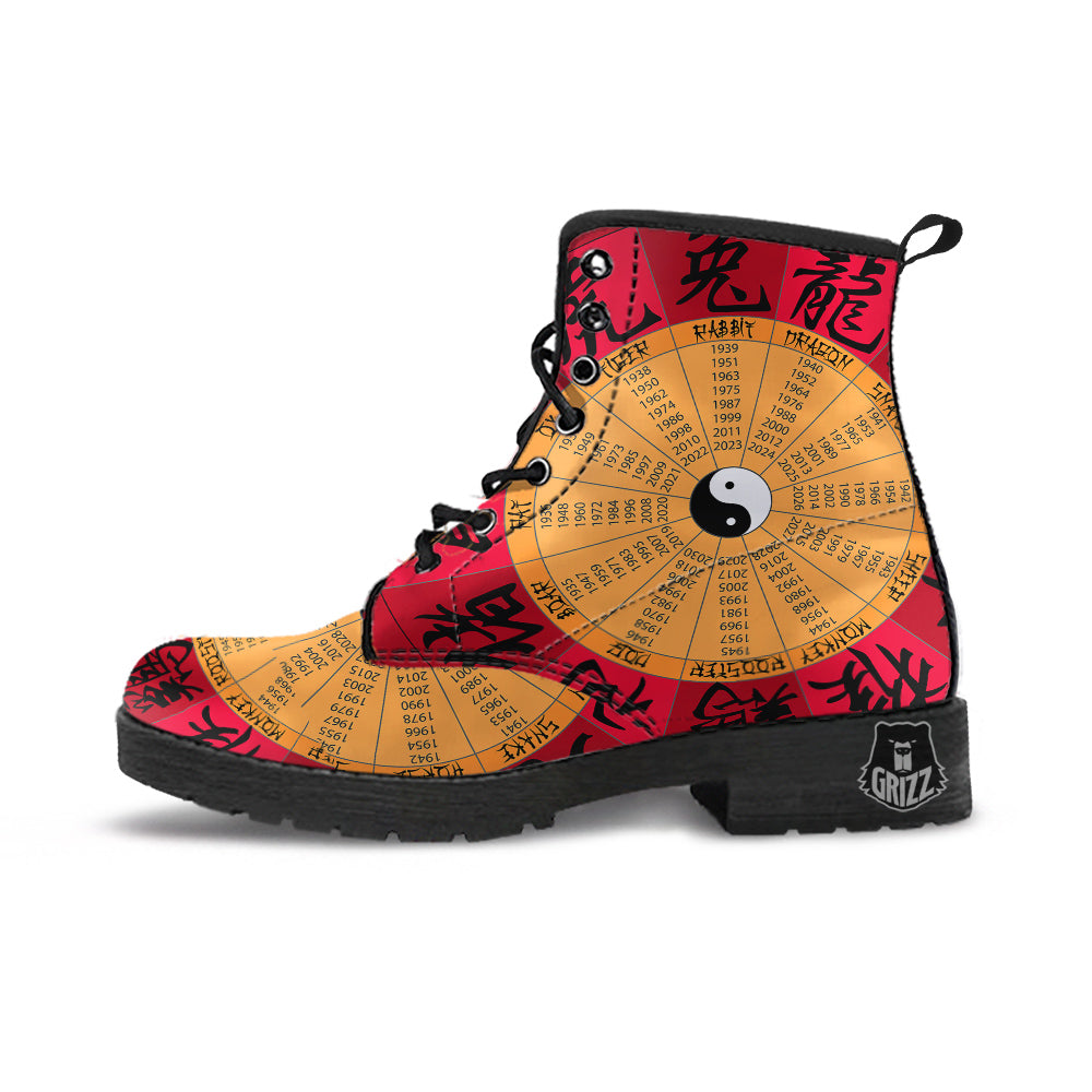 Calendar Wheel Chinese Zodiac Print Leather Boots-grizzshop