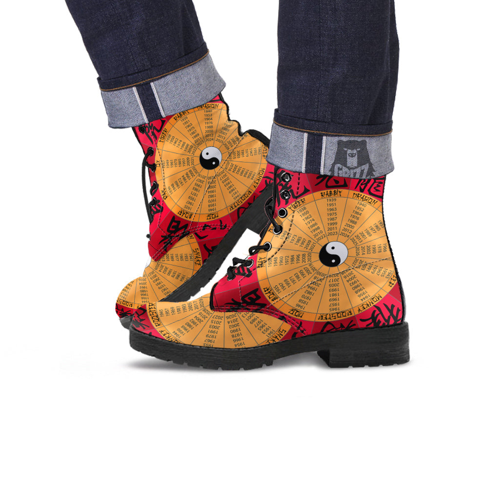 Calendar Wheel Chinese Zodiac Print Leather Boots-grizzshop