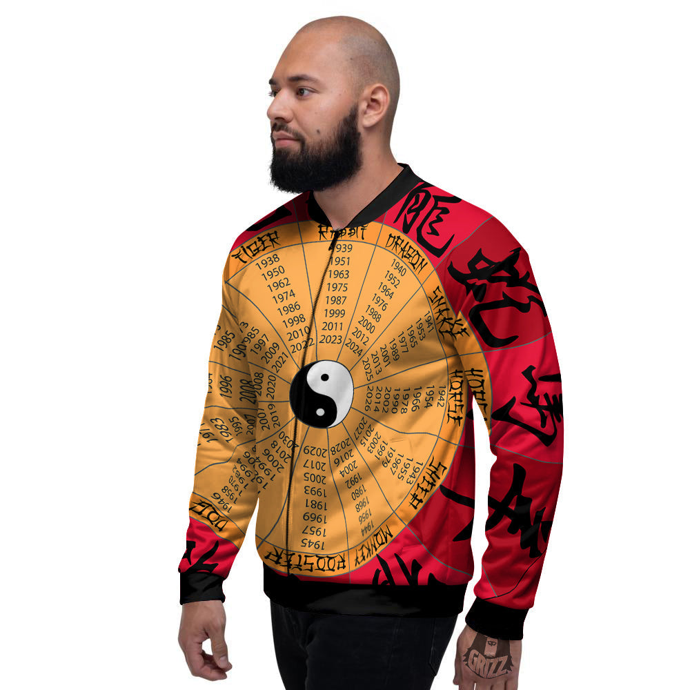 Calendar Wheel Chinese Zodiac Print Men's Bomber Jacket-grizzshop
