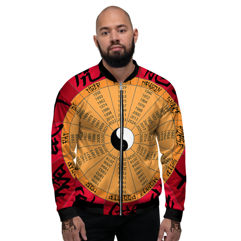 Calendar Wheel Chinese Zodiac Print Men's Bomber Jacket-grizzshop