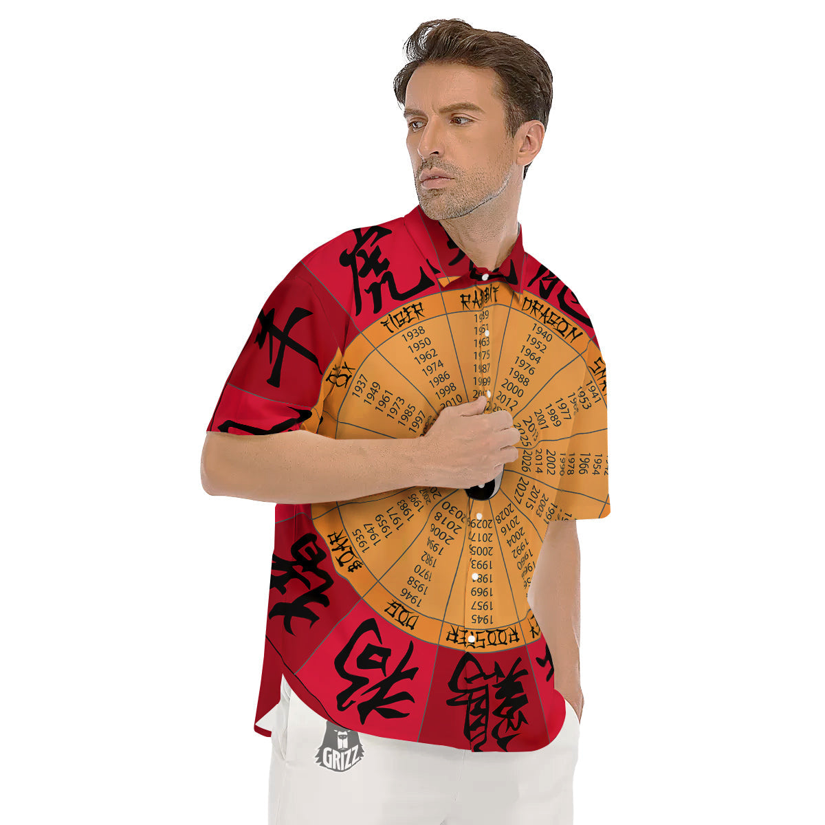 Calendar Wheel Chinese Zodiac Print Men's Short Sleeve Shirts-grizzshop