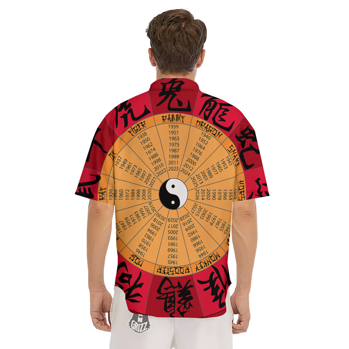 Calendar Wheel Chinese Zodiac Print Men's Short Sleeve Shirts-grizzshop