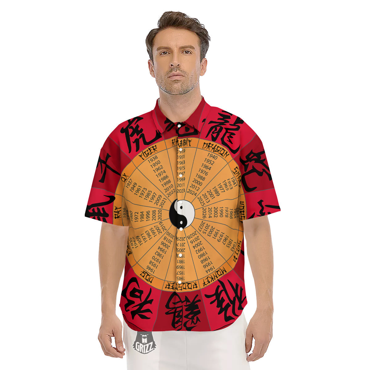 Calendar Wheel Chinese Zodiac Print Men's Short Sleeve Shirts-grizzshop