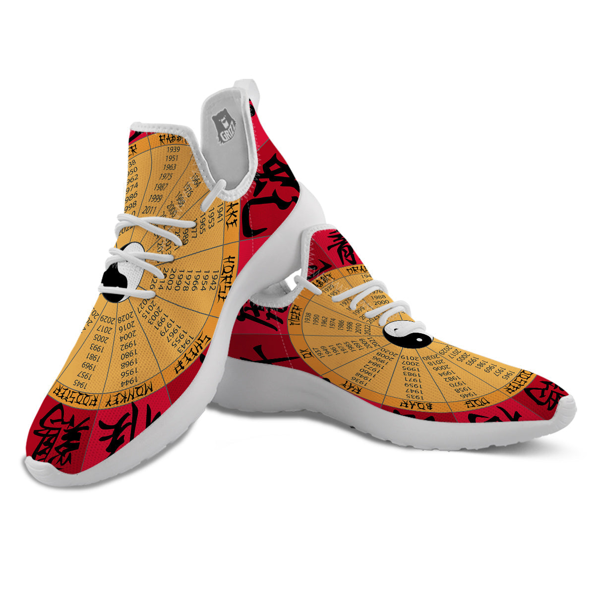 Calendar Wheel Chinese Zodiac Print White Athletic Shoes-grizzshop