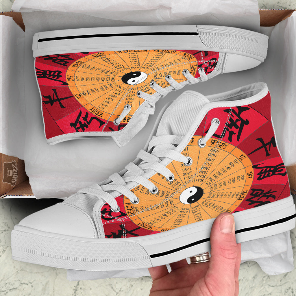 Calendar Wheel Chinese Zodiac Print White High Top Shoes-grizzshop