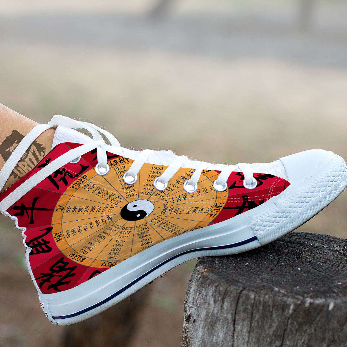 Calendar Wheel Chinese Zodiac Print White High Top Shoes-grizzshop