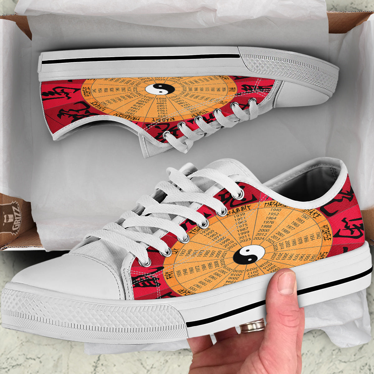 Calendar Wheel Chinese Zodiac Print White Low Top Shoes-grizzshop