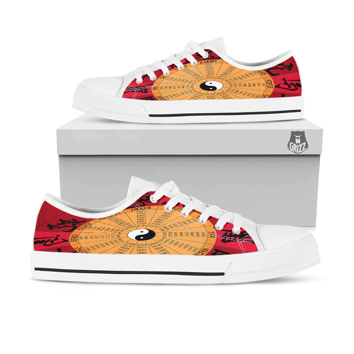 Calendar Wheel Chinese Zodiac Print White Low Top Shoes-grizzshop