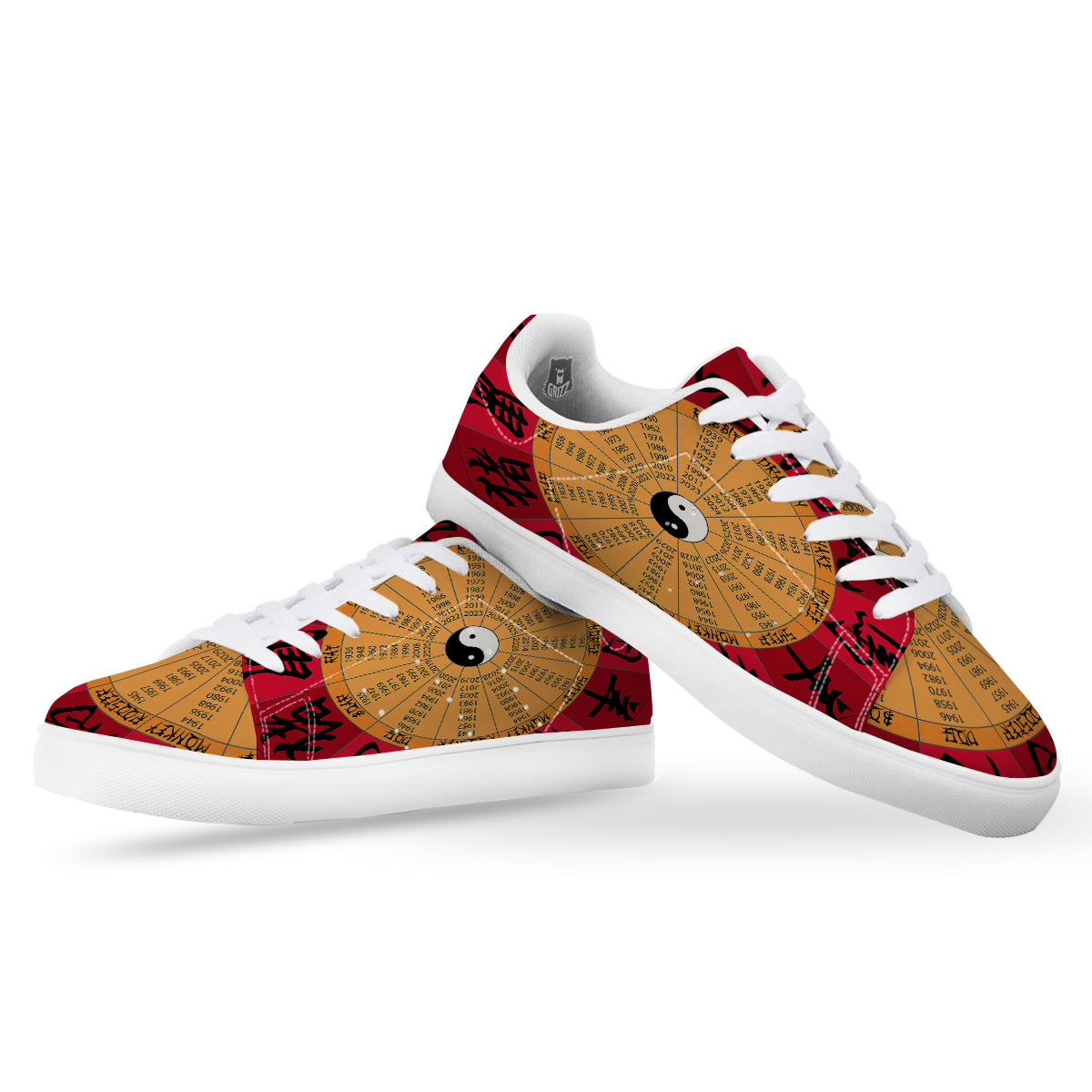 Calendar Wheel Chinese Zodiac Print White Low Top Sneakers-grizzshop
