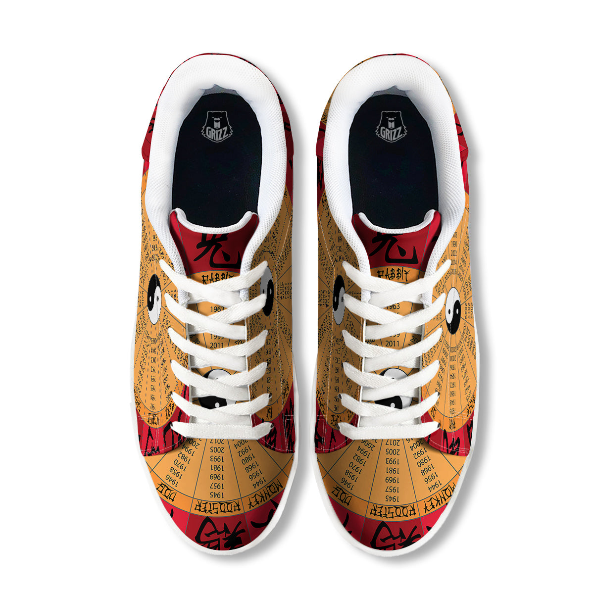 Calendar Wheel Chinese Zodiac Print White Low Top Sneakers-grizzshop