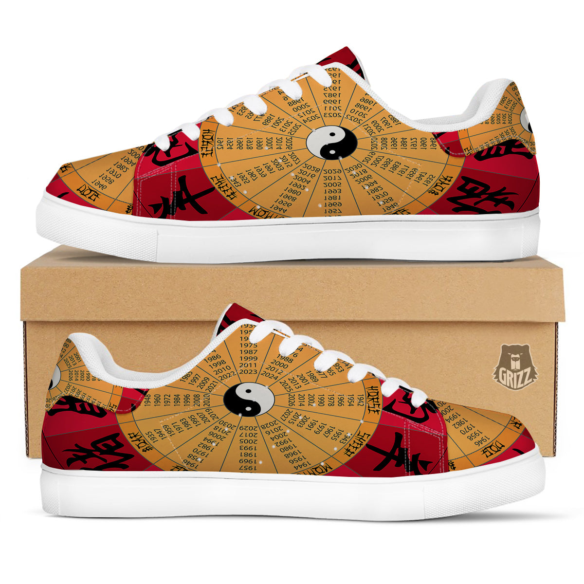 Calendar Wheel Chinese Zodiac Print White Low Top Sneakers-grizzshop
