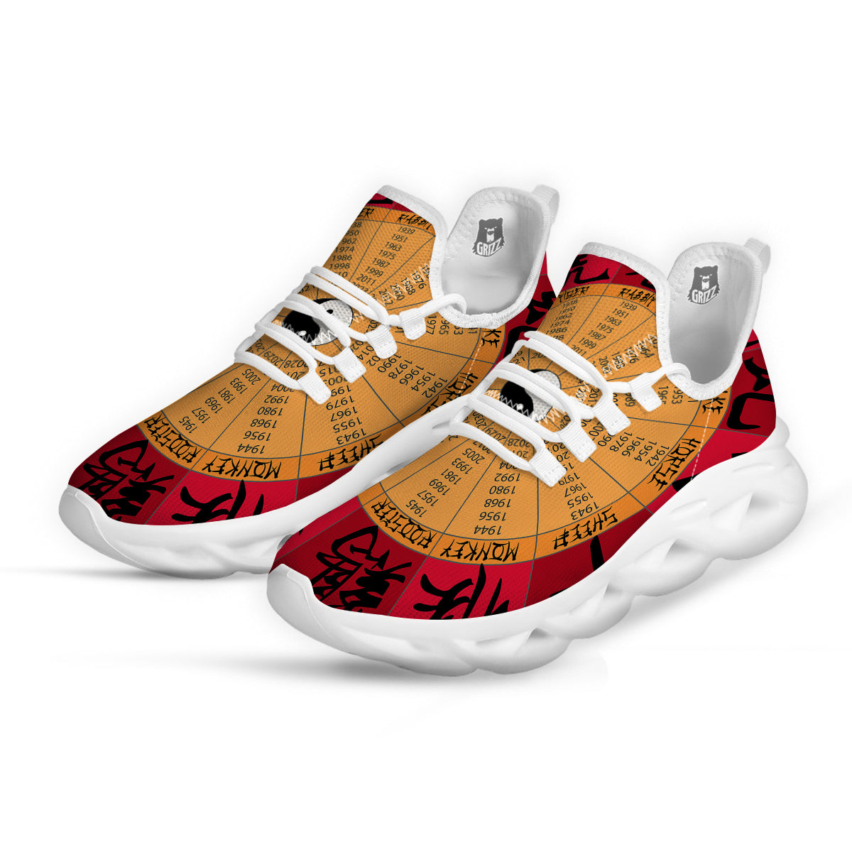 Calendar Wheel Chinese Zodiac Print White Running Shoes-grizzshop
