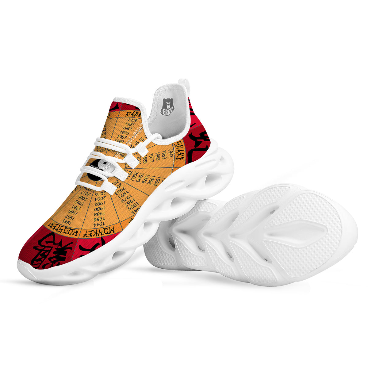 Calendar Wheel Chinese Zodiac Print White Running Shoes-grizzshop