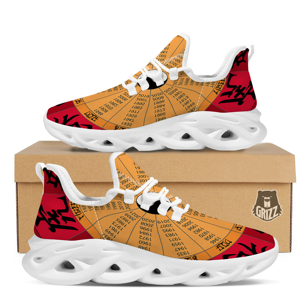 Calendar Wheel Chinese Zodiac Print White Running Shoes-grizzshop