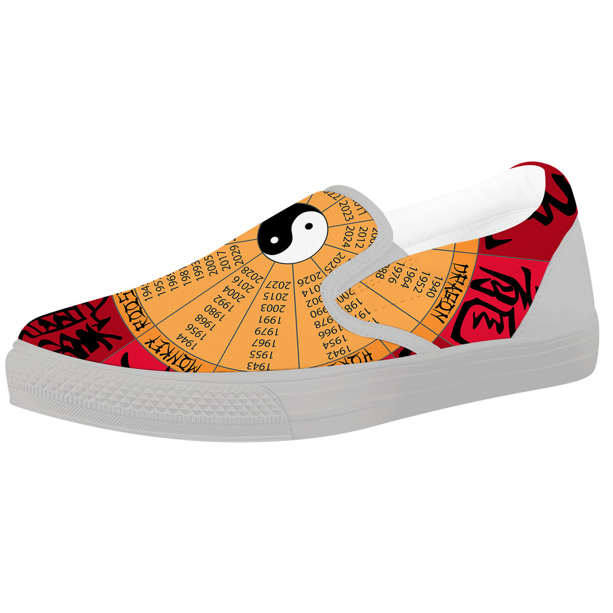 Calendar Wheel Chinese Zodiac Print White Slip On Shoes-grizzshop