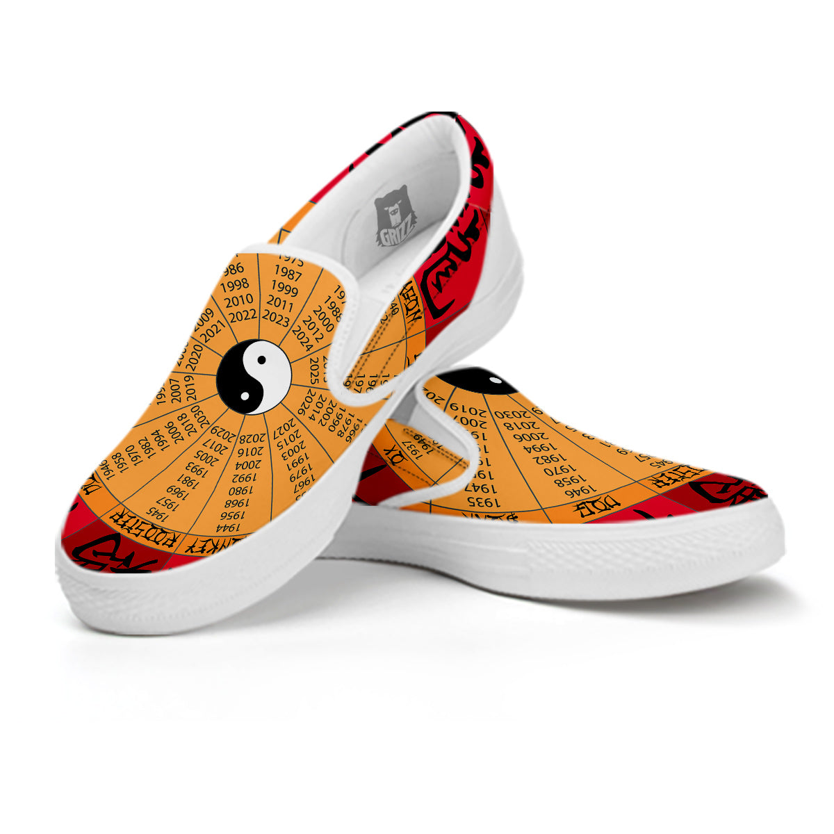 Calendar Wheel Chinese Zodiac Print White Slip On Shoes-grizzshop