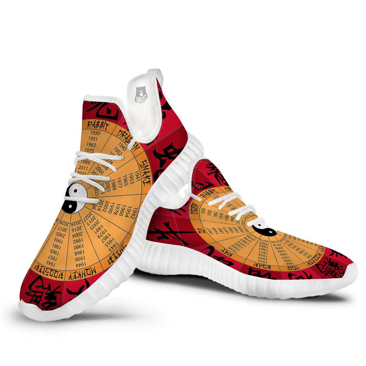 Calendar Wheel Chinese Zodiac Print White Walking Shoes-grizzshop