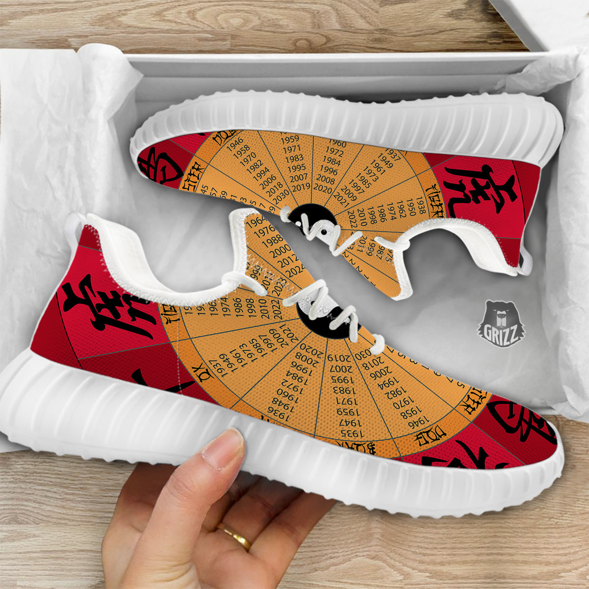 Calendar Wheel Chinese Zodiac Print White Walking Shoes-grizzshop
