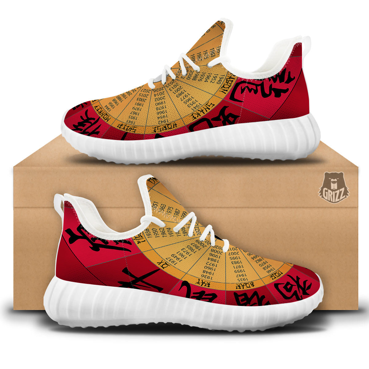 Calendar Wheel Chinese Zodiac Print White Walking Shoes-grizzshop