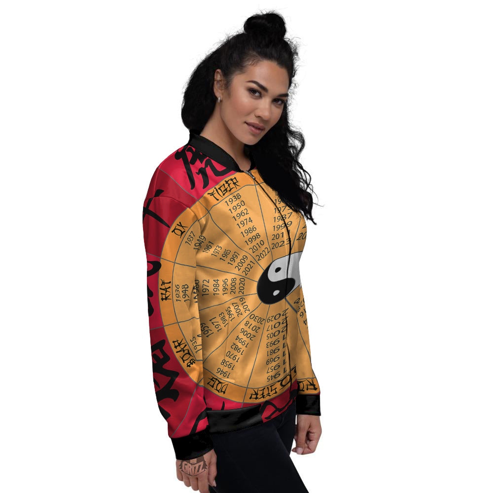 Calendar Wheel Chinese Zodiac Print Women's Bomber Jacket-grizzshop