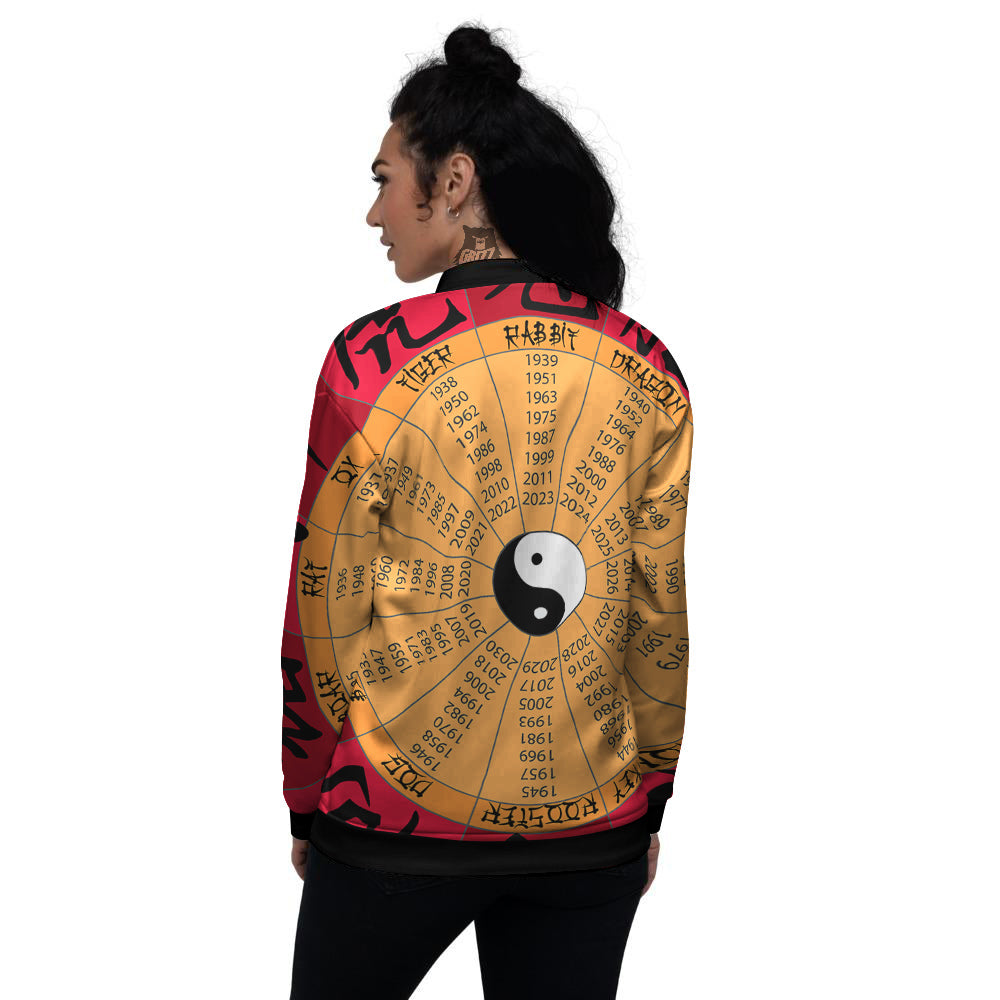 Calendar Wheel Chinese Zodiac Print Women's Bomber Jacket-grizzshop