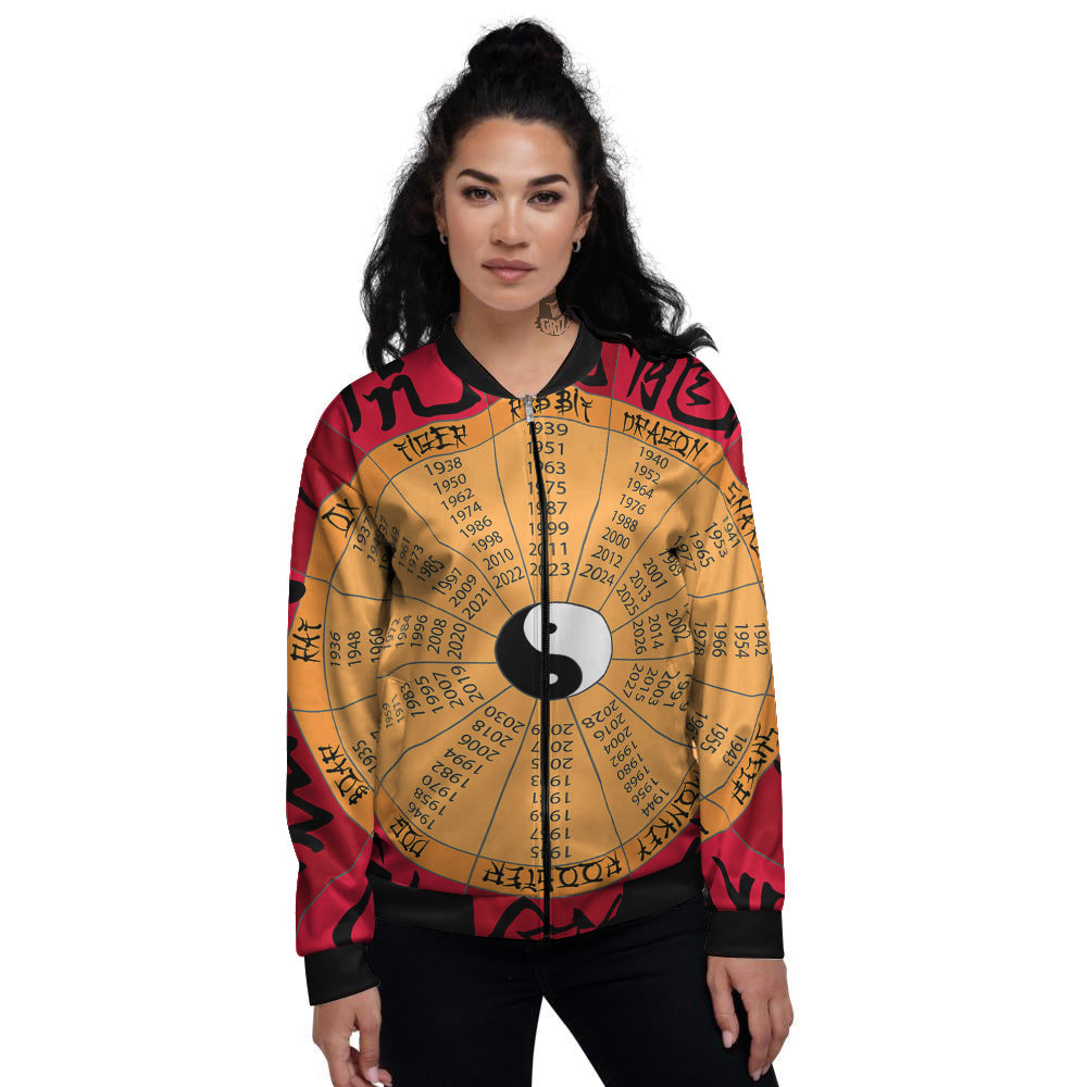 Calendar Wheel Chinese Zodiac Print Women's Bomber Jacket-grizzshop