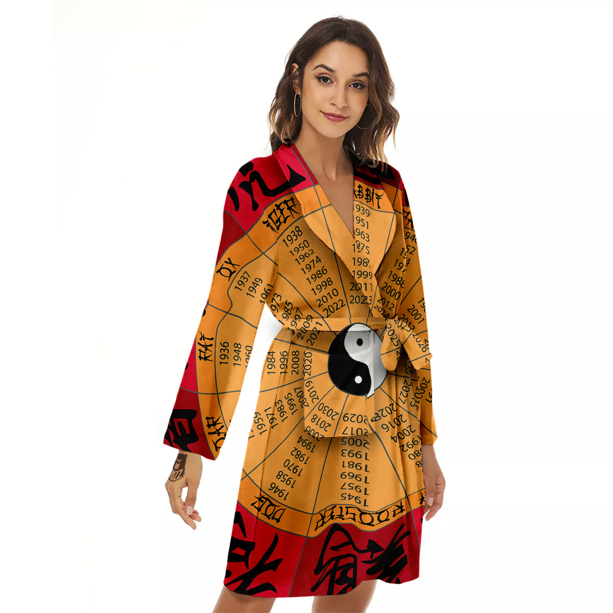Calendar Wheel Chinese Zodiac Print Women's Robe-grizzshop