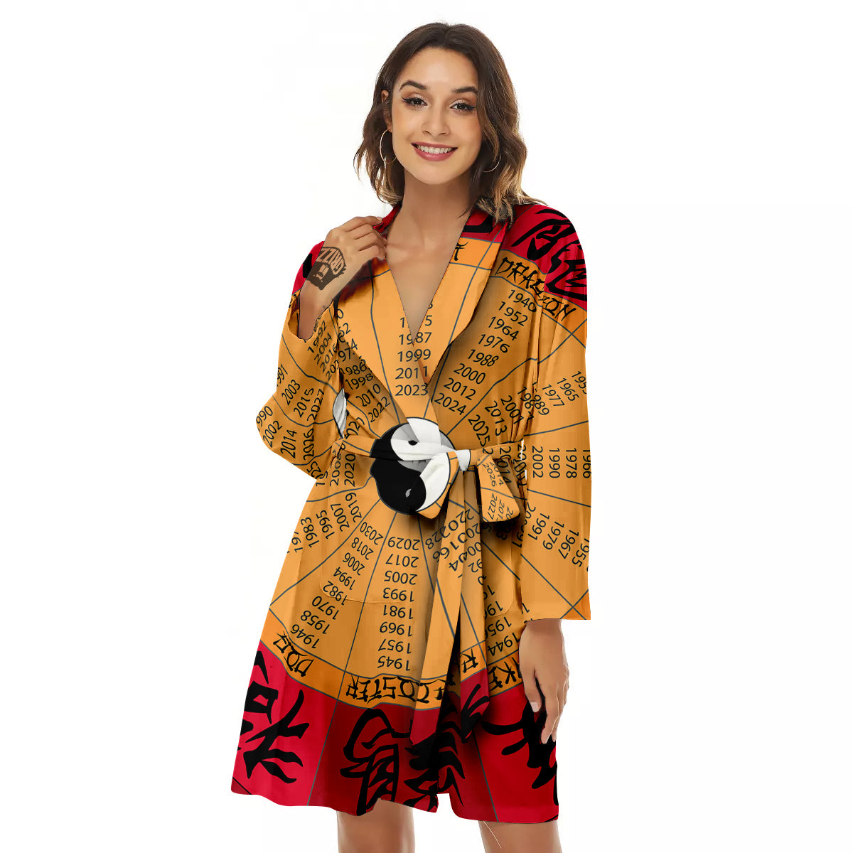 Calendar Wheel Chinese Zodiac Print Women's Robe-grizzshop