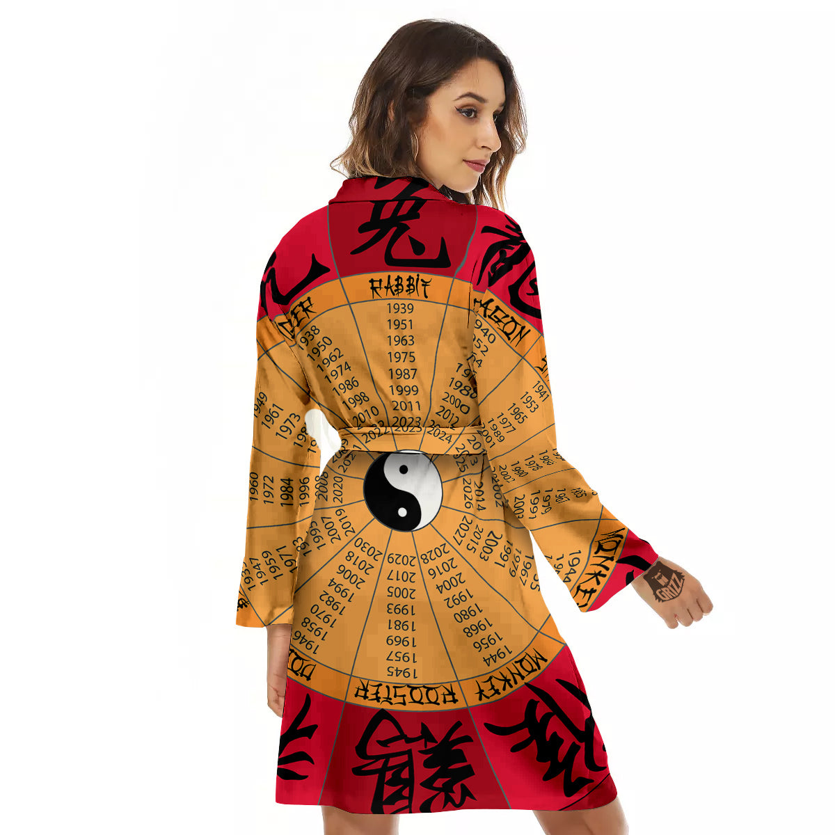 Calendar Wheel Chinese Zodiac Print Women's Robe-grizzshop