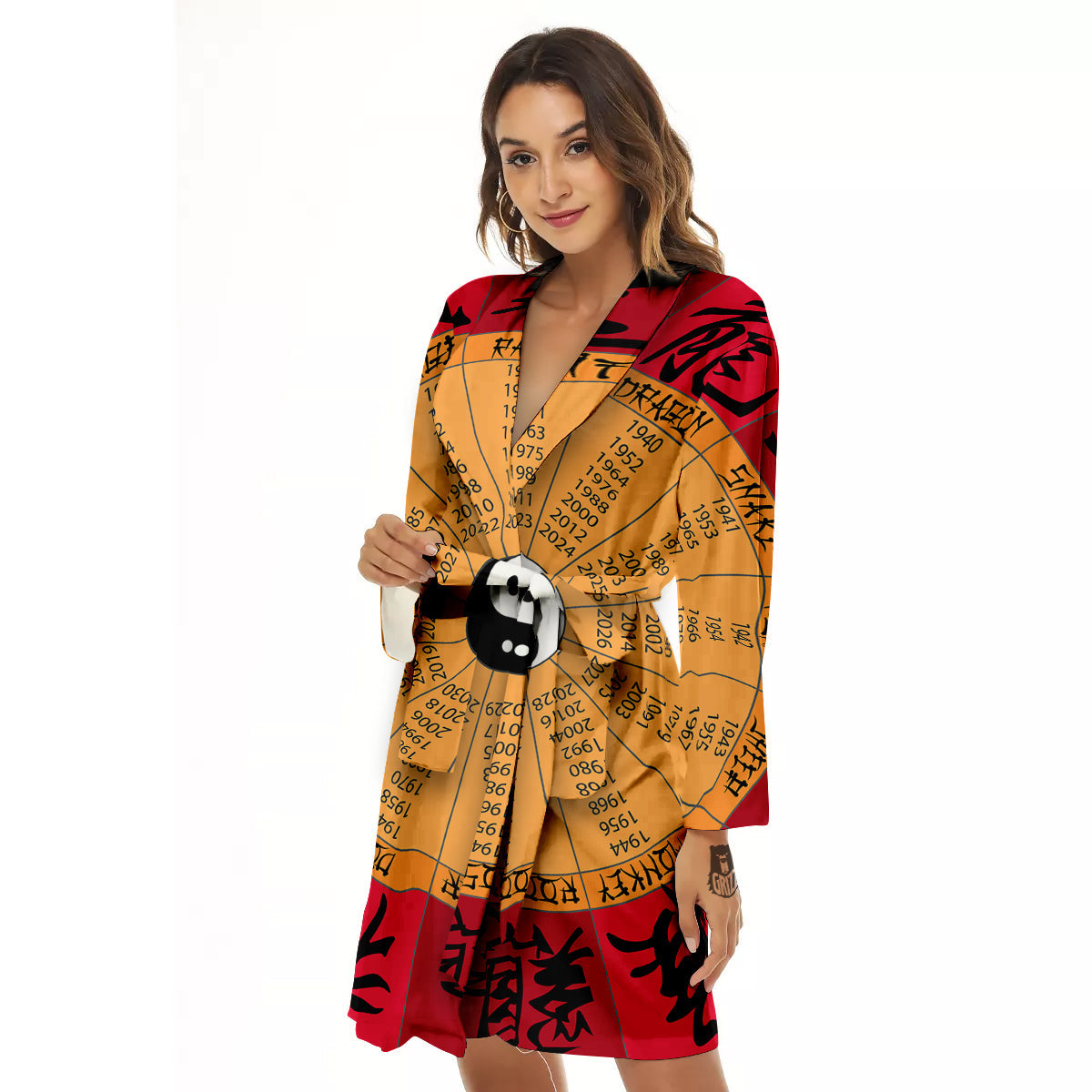 Calendar Wheel Chinese Zodiac Print Women's Robe-grizzshop