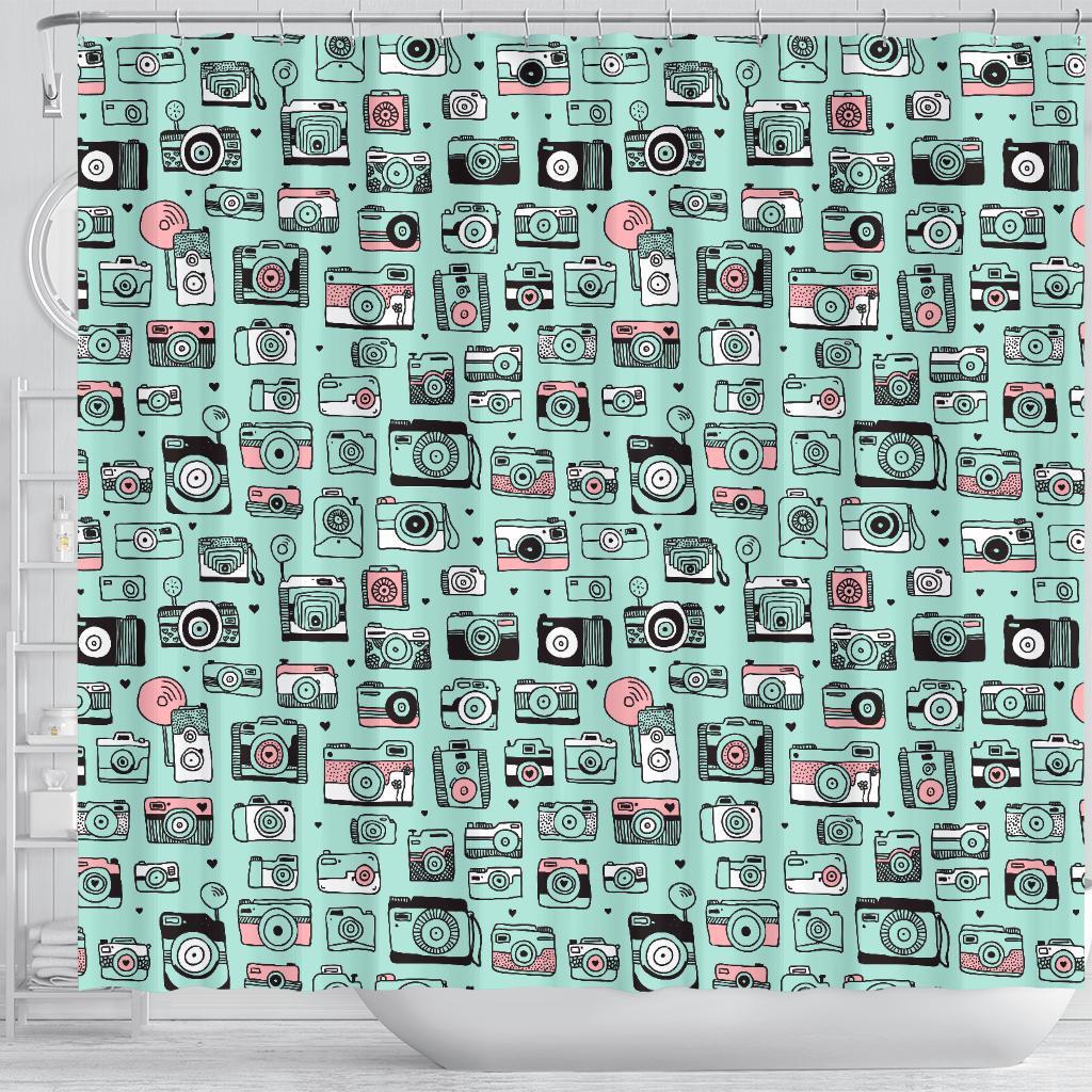 Camera Pastel Pattern Print Bathroom Shower Curtain-grizzshop