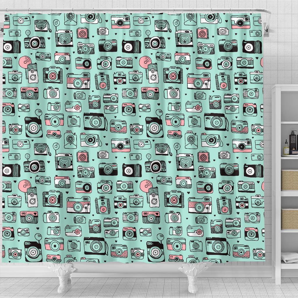 Camera Pastel Pattern Print Bathroom Shower Curtain-grizzshop